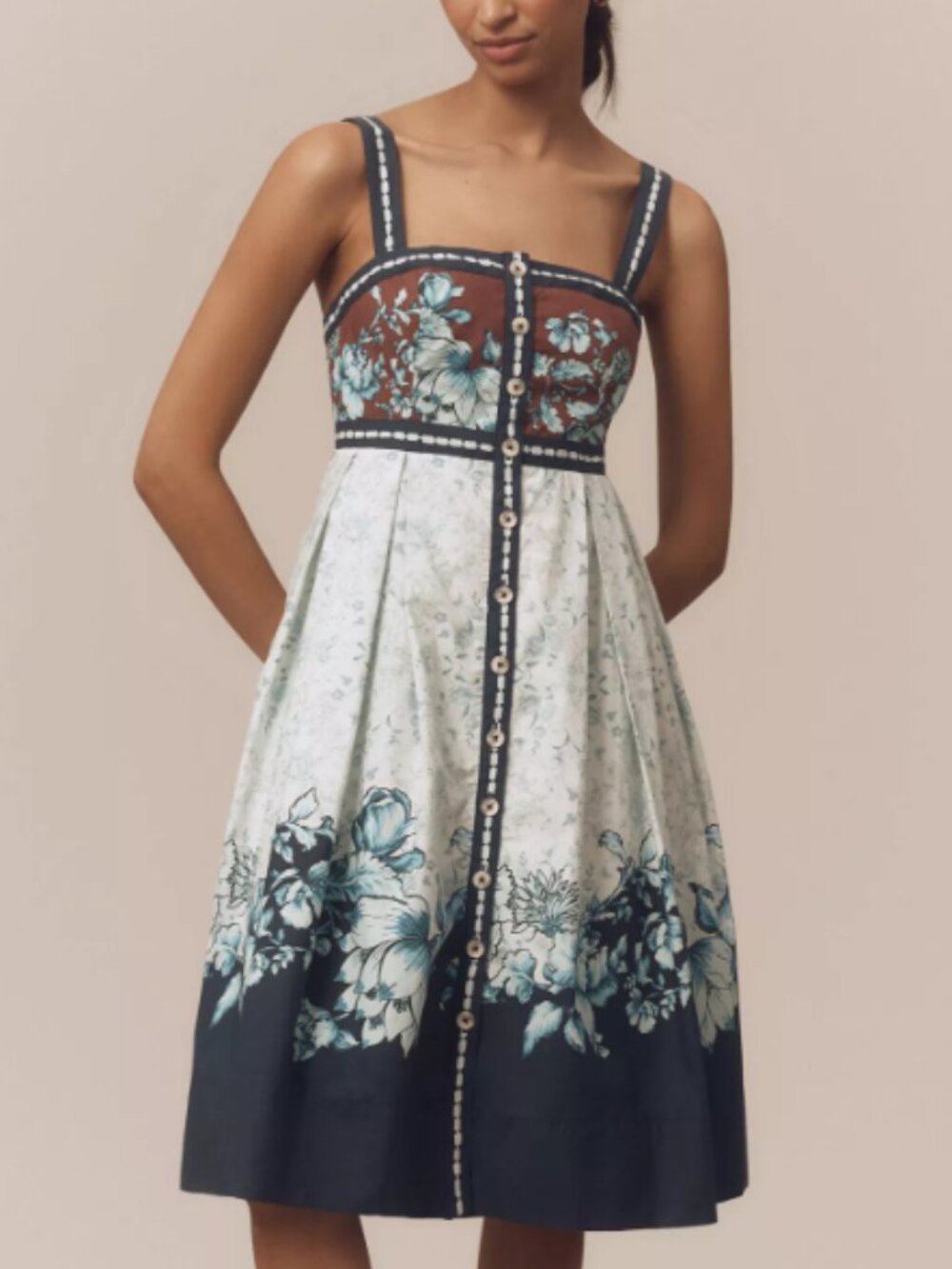 Maeve Blue & Brown Floral Sleeveless Square-Neck Button-Front Midi Dress Size L